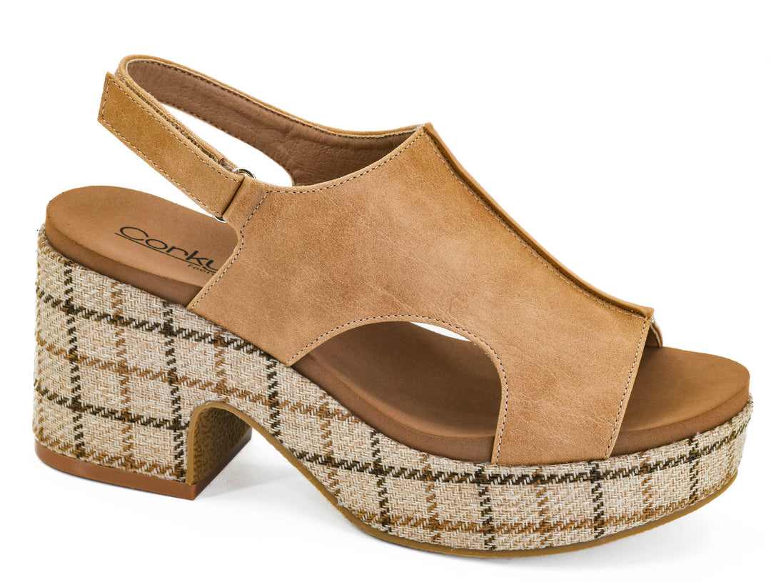 Corkys Miss Carley – Caramel Combo Plaid Platform Sandal