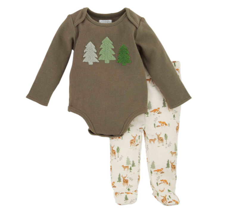 Mud Pie Green Tree Onsie & Deer Printed Waffle Texture Footed Pants 2 Piece Set