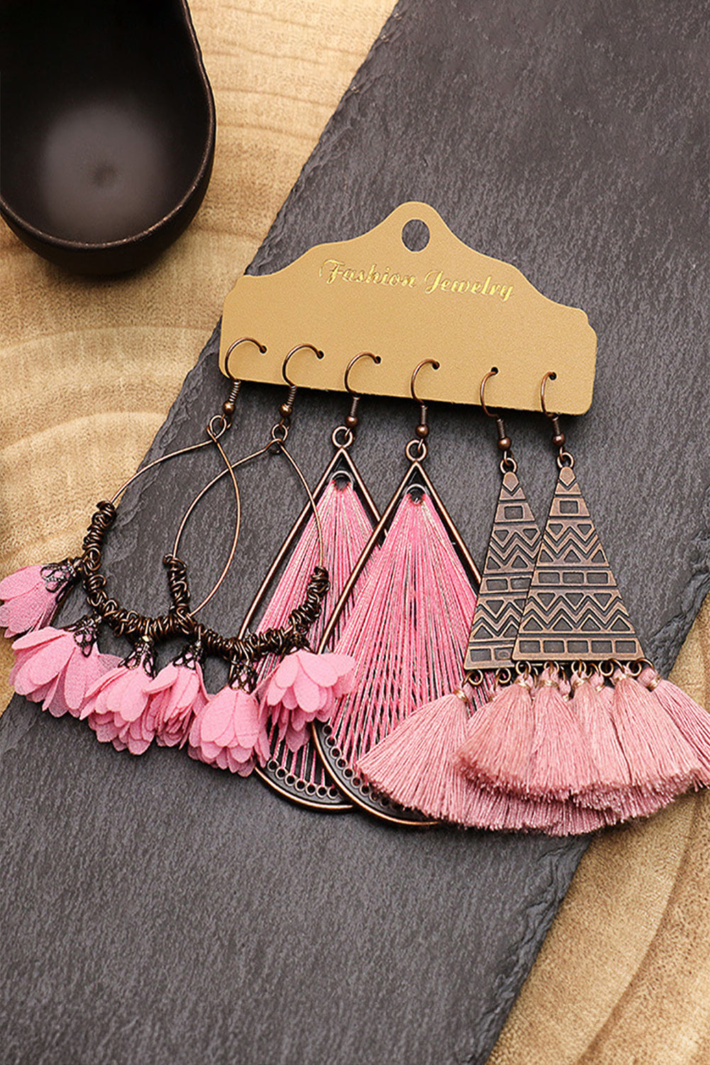 Pink Tassel Boho Dangle Pierced Earrings-Set of 3
