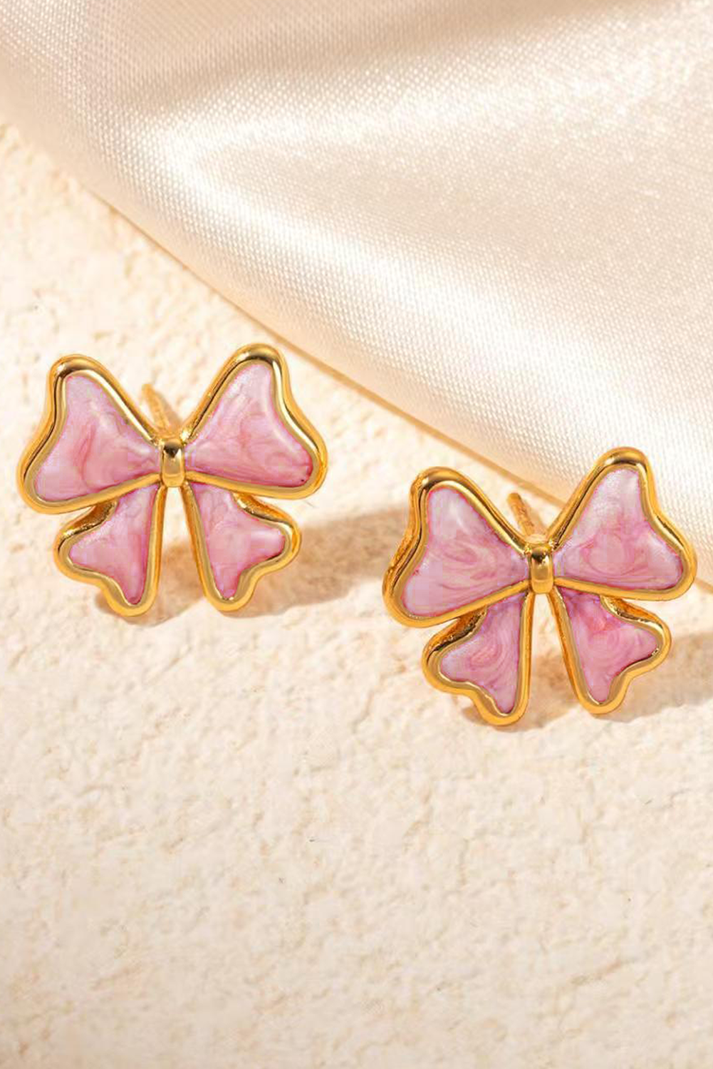 Gold Plated Pink Bow Enamel Stud Pierced Earrings