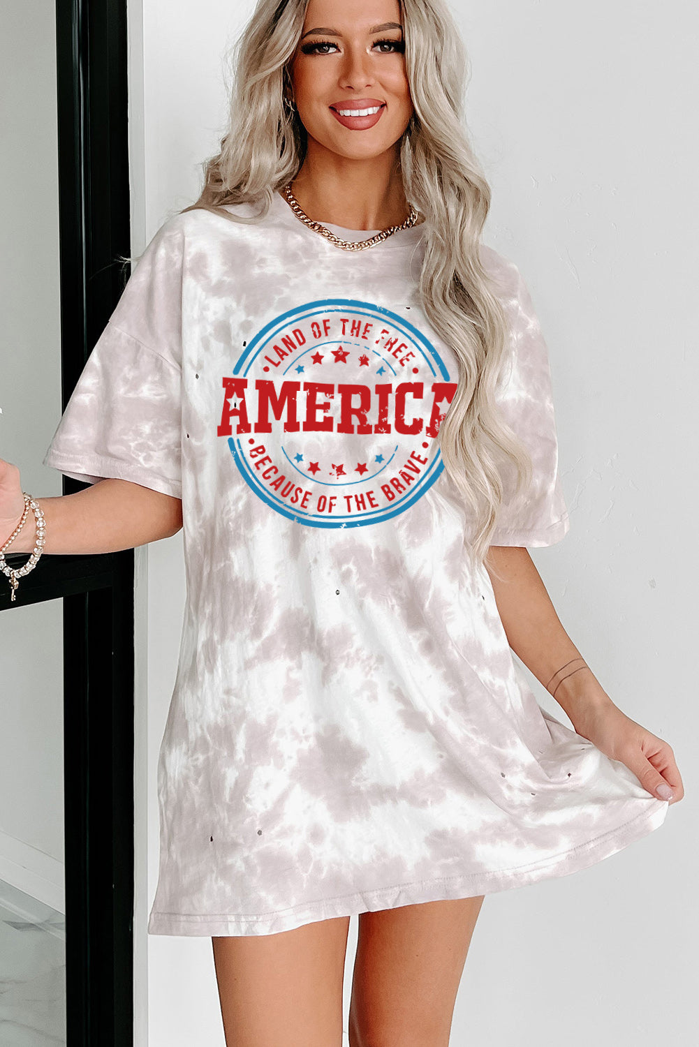 White and Tan Oversized Tie-dye AMERICA Graphic T-shirt with Holes