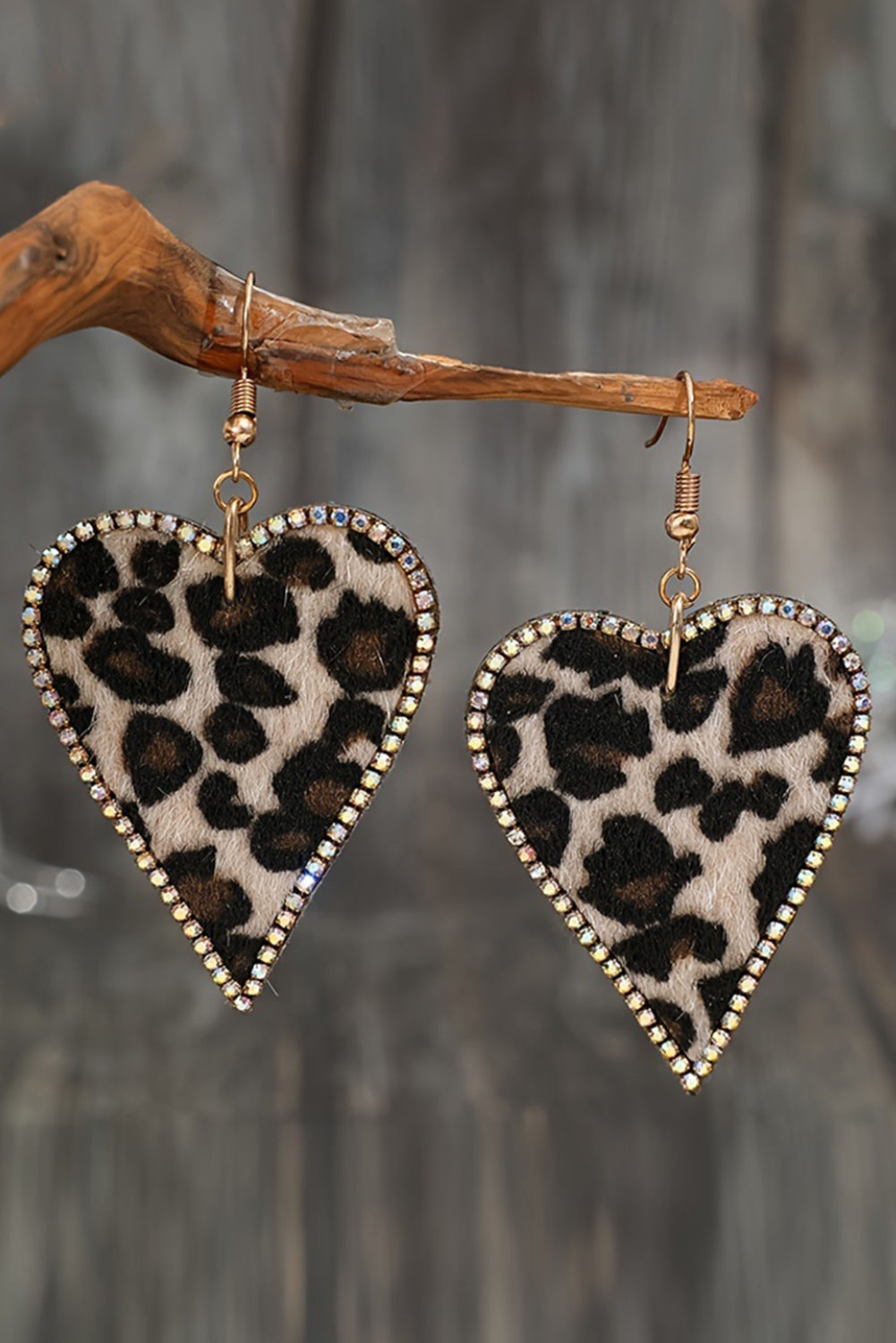 Rhinestone Edge Faux Leopard Fur Heart Shaped Dangle Pierced Earrings