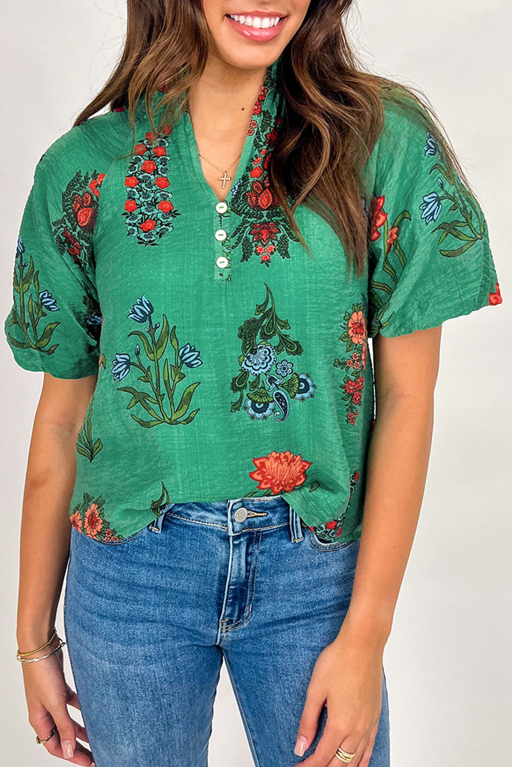 Kelly Green Floral Print Buttoned V Neck Short Sleeve Blouse