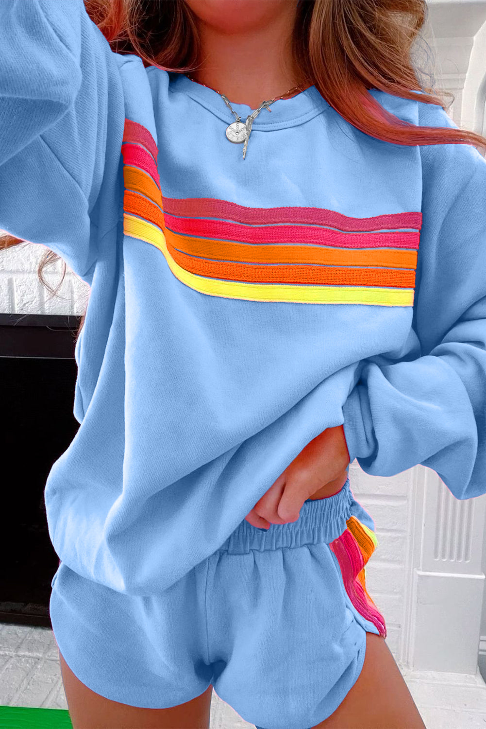 Blue Colorful Striped Crewneck and Shorts Two Piece Casual Set