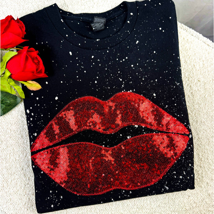 Valentine's Lips ▪️Real Sequins ▪️Embroidered Short Sleeve T-Shirt