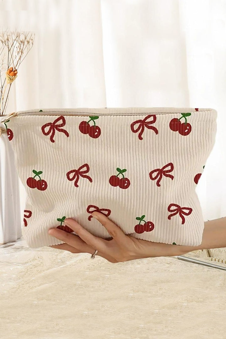Bow & Cherry Corduroy Glam Pouch — Grab-&-Glow Organizer