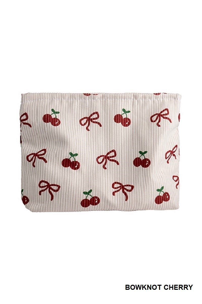 Bow & Cherry Corduroy Glam Pouch — Grab-&-Glow Organizer
