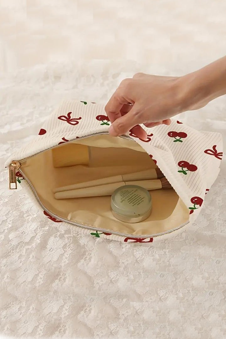 Bow & Cherry Corduroy Glam Pouch — Grab-&-Glow Organizer