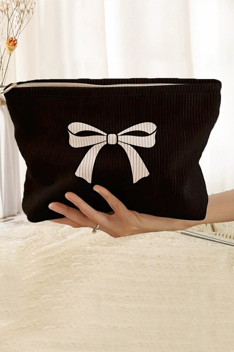 Bow & Cherry Corduroy Glam Pouch — Grab-&-Glow Organizer