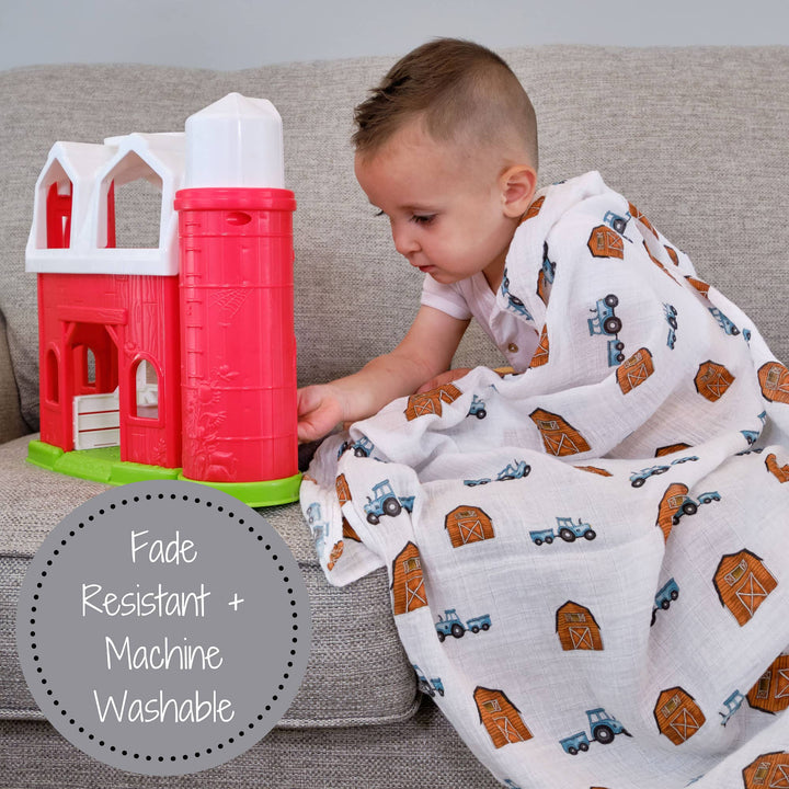 Farm Tractor Red Barn How We Roll Muslin Swaddle Baby Blanket