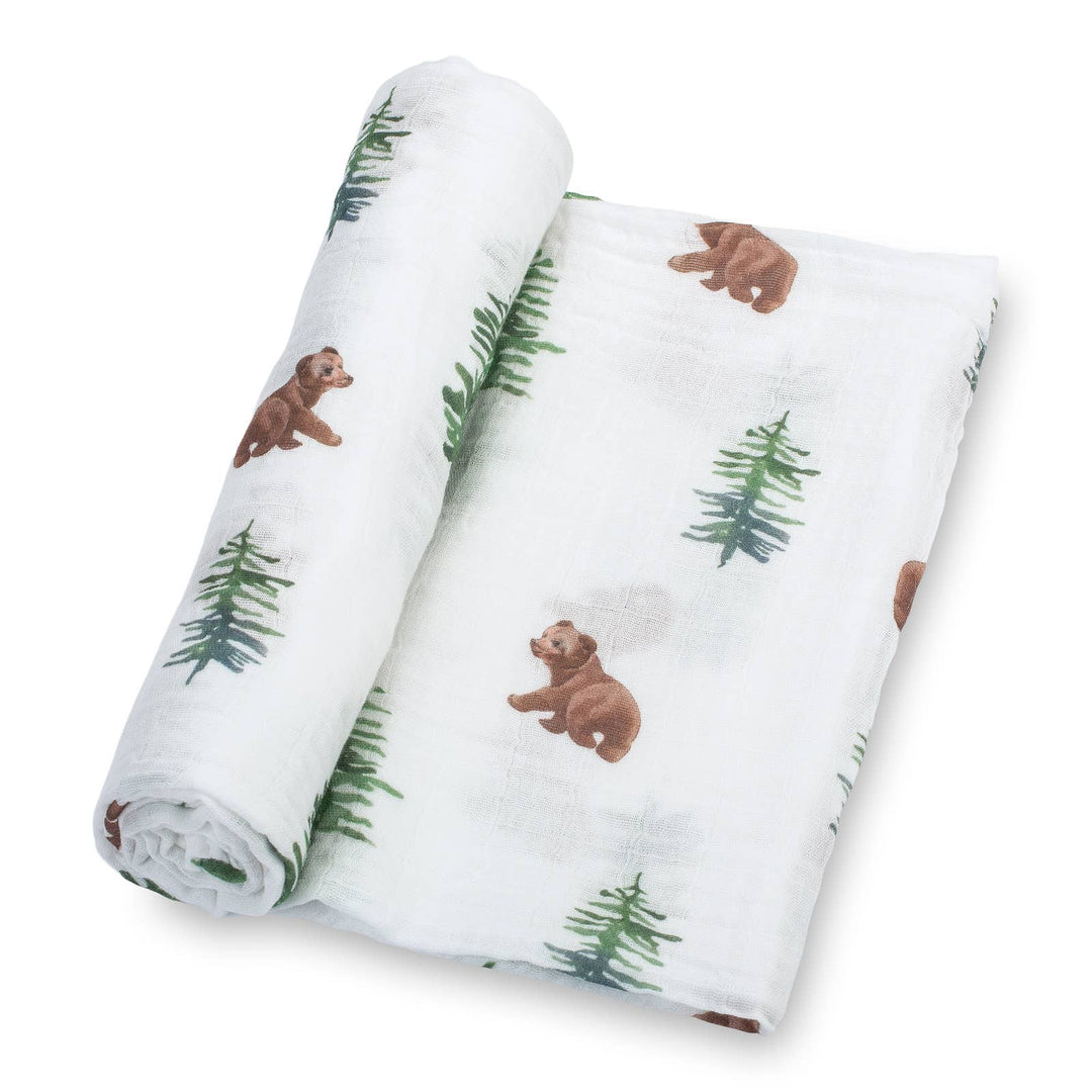 Bear Cub and Evergreen Trees Muslin Swaddle Baby Blanket