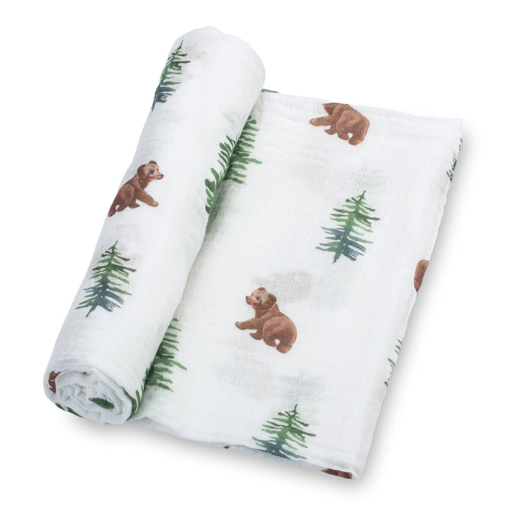 Bear Cub and Evergreen Trees Muslin Swaddle Baby Blanket