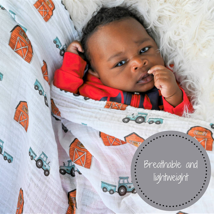 Farm Tractor Red Barn How We Roll Muslin Swaddle Baby Blanket