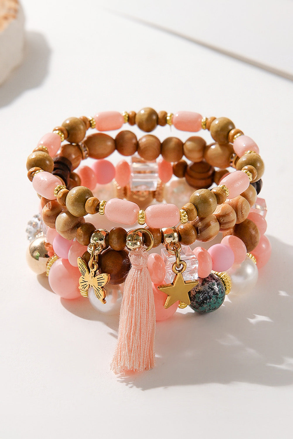 Pink 4 Piece Layered Beaded Bracelet Set