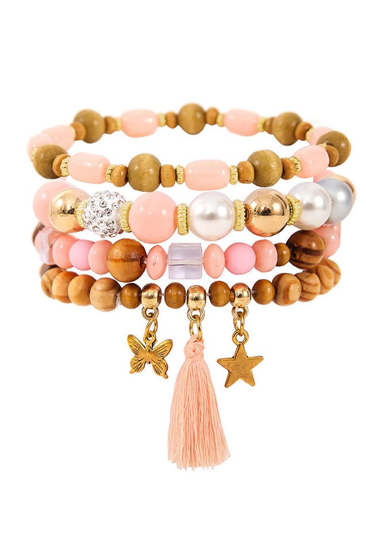 Pink 4 Piece Layered Beaded Bracelet Set