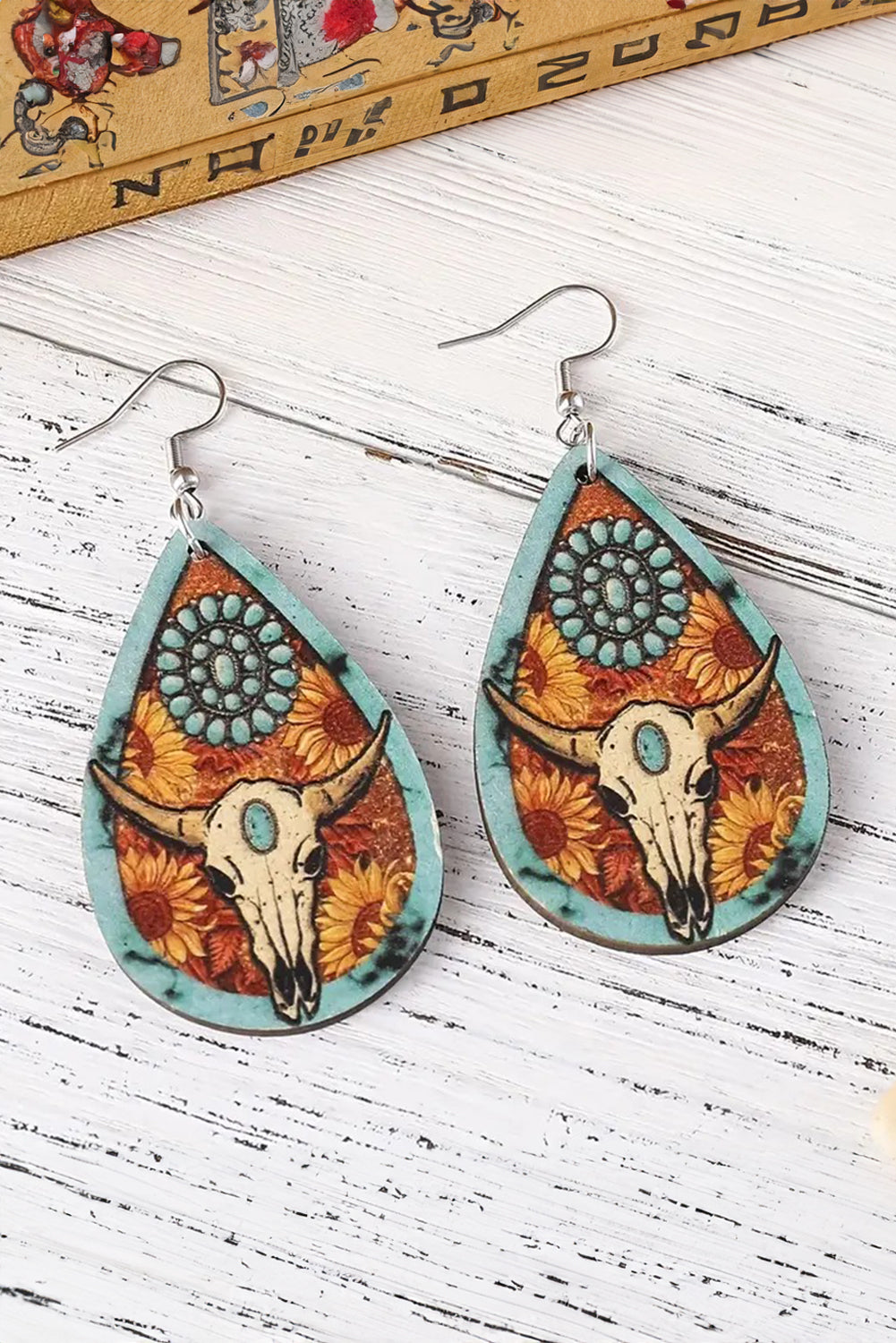 Western Cow Skull Wooden Drop Earrings