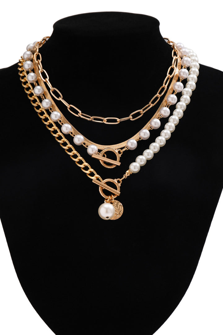 Gold Plated & Faux Pearl Adjustable Layered Necklace Set-4 Piece
