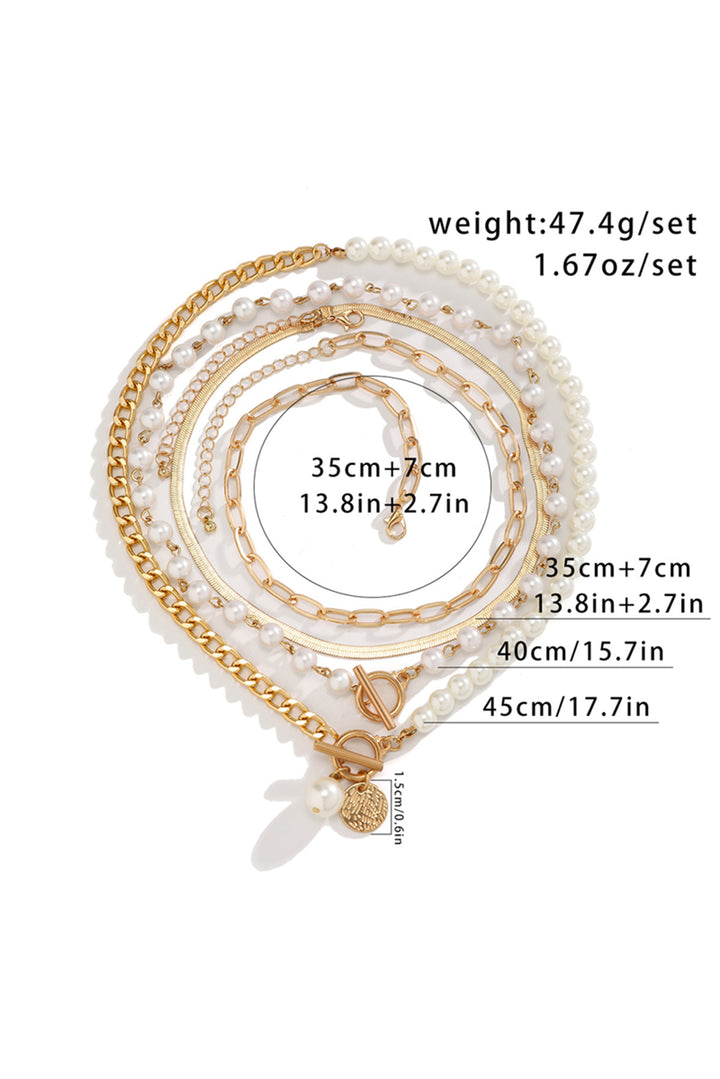 Gold Plated & Faux Pearl Adjustable Layered Necklace Set-4 Piece