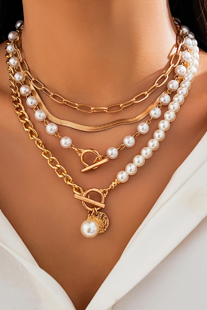 Gold Plated & Faux Pearl Adjustable Layered Necklace Set-4 Piece