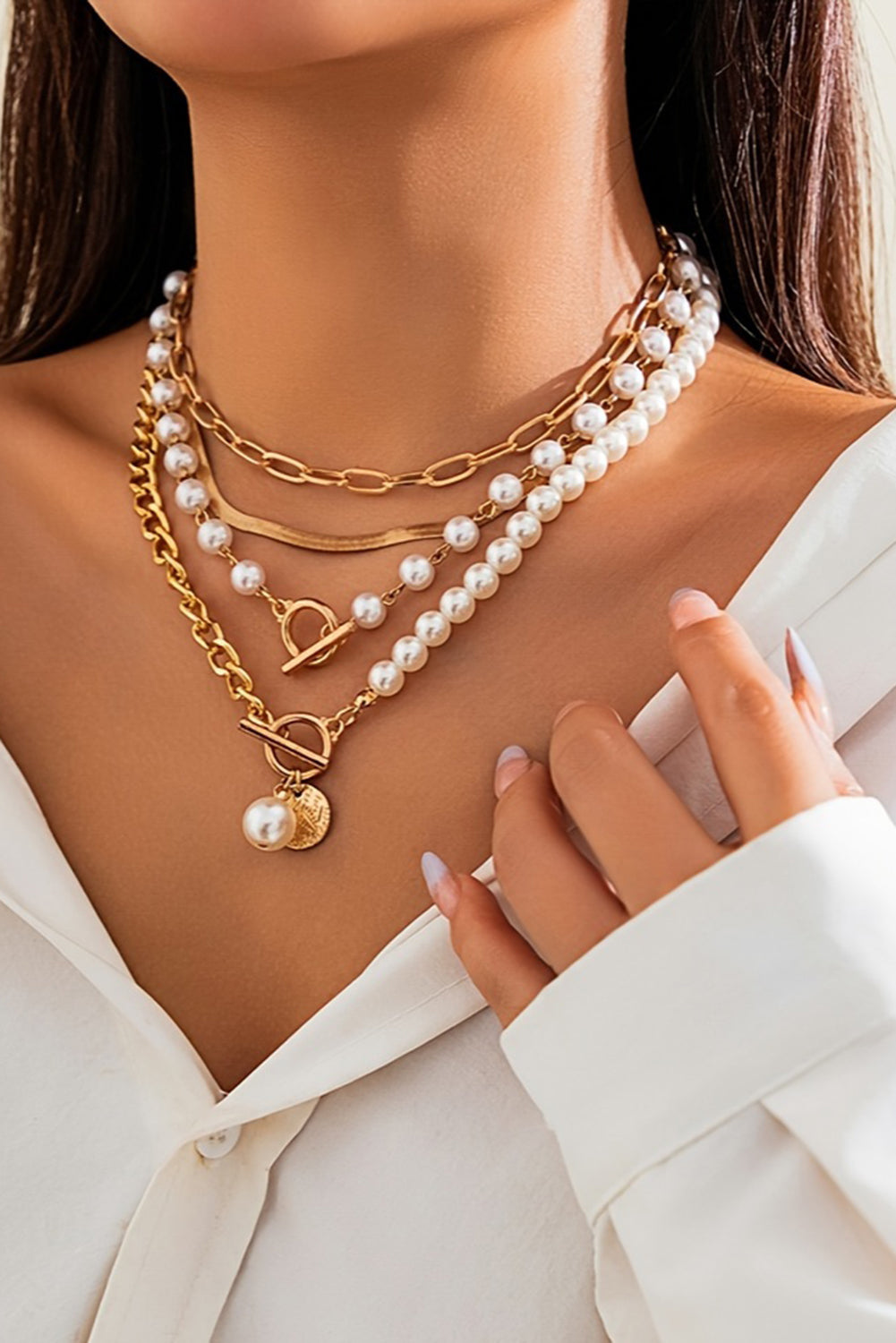 Gold Plated & Faux Pearl Adjustable Layered Necklace Set-4 Piece