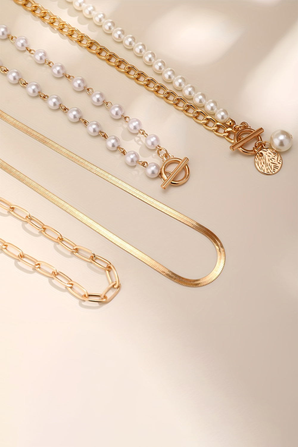 Gold Plated & Faux Pearl Adjustable Layered Necklace Set-4 Piece