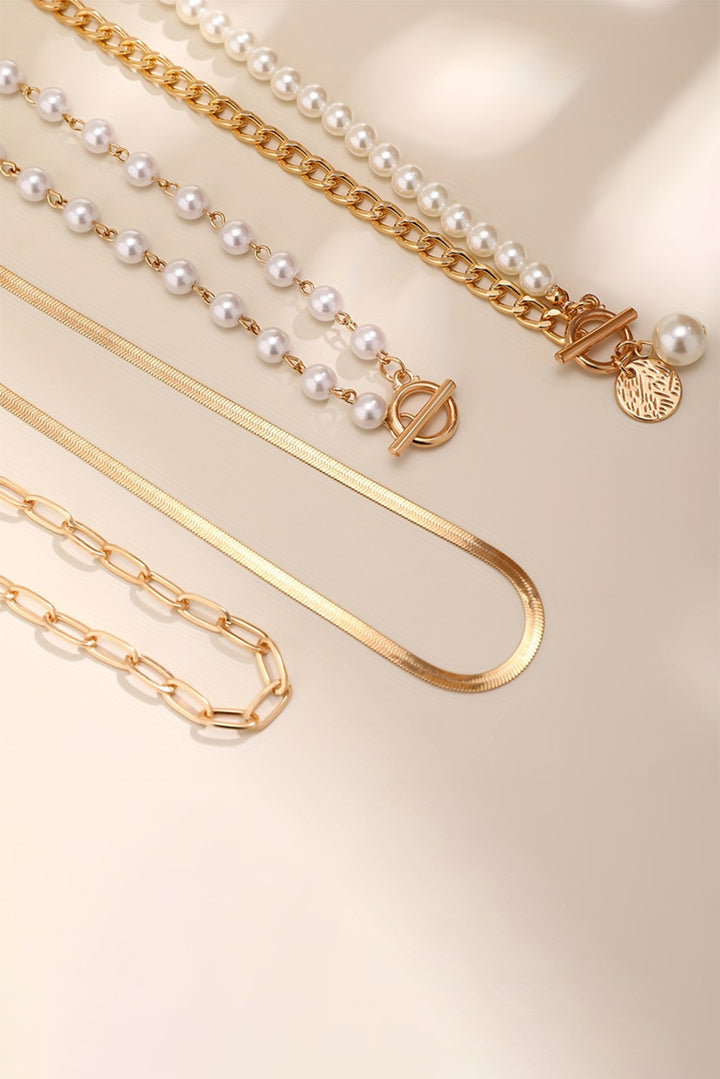 Gold Plated & Faux Pearl Adjustable Layered Necklace Set-4 Piece