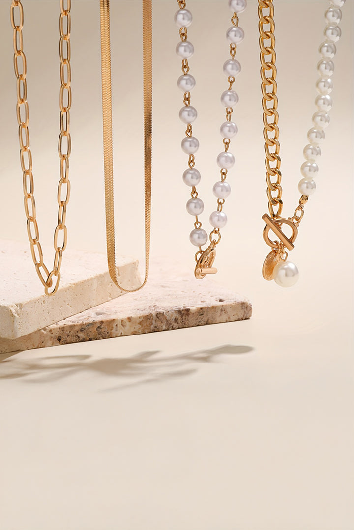 Gold Plated & Faux Pearl Adjustable Layered Necklace Set-4 Piece