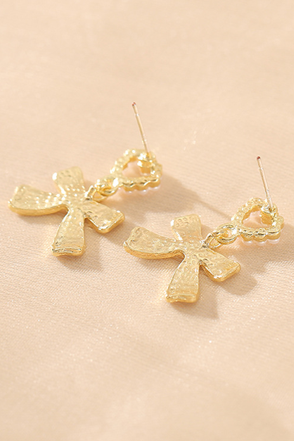 Gold Tone Faux Pearl Heart and White Enamel Bow Pendant Pierced Earrings