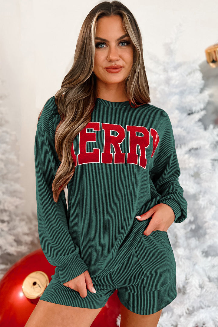 “MERRY" Holiday Lounge Set – Festive Long Sleeve Top & Drawstring Shorts
