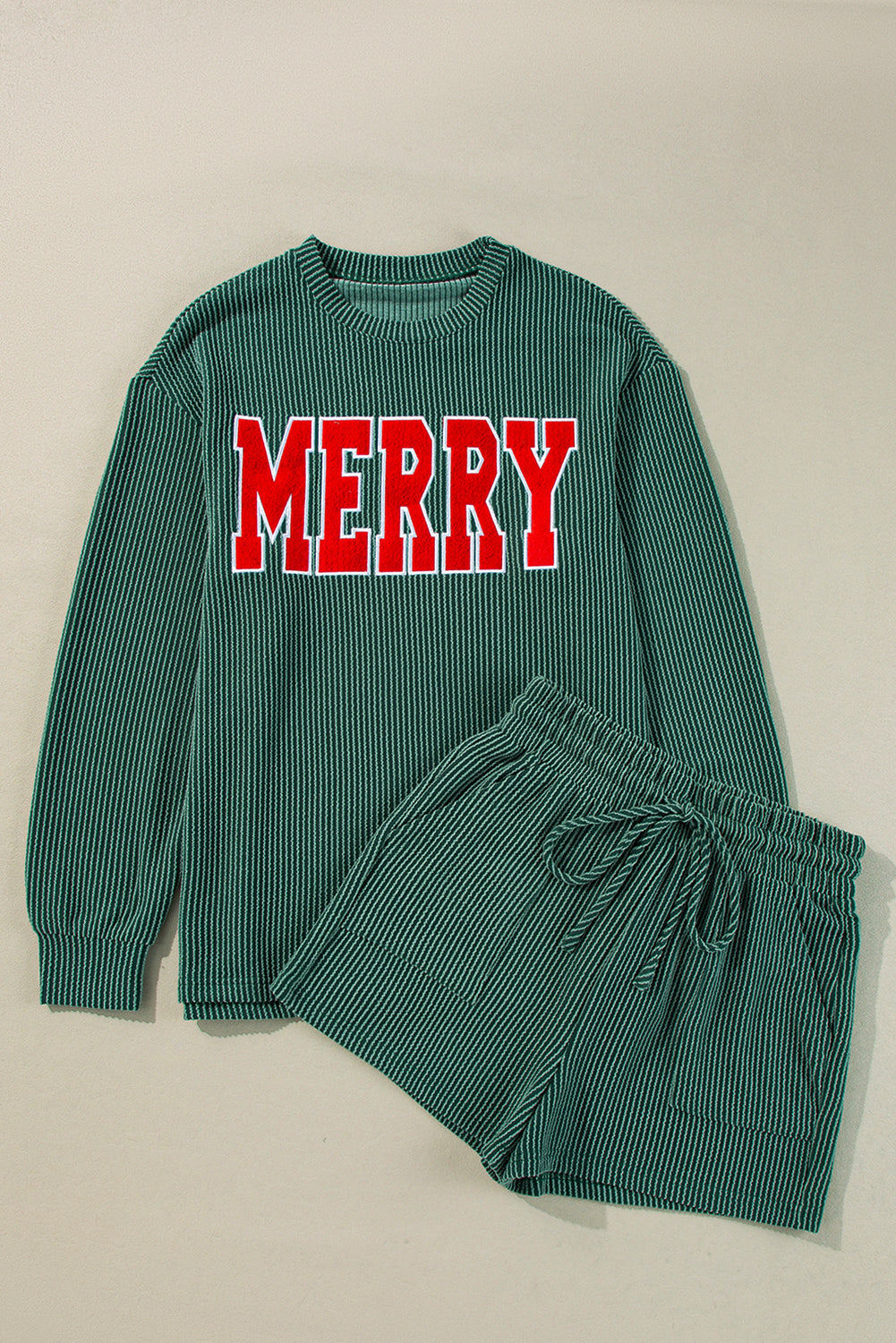 “MERRY" Holiday Lounge Set – Festive Long Sleeve Top & Drawstring Shorts