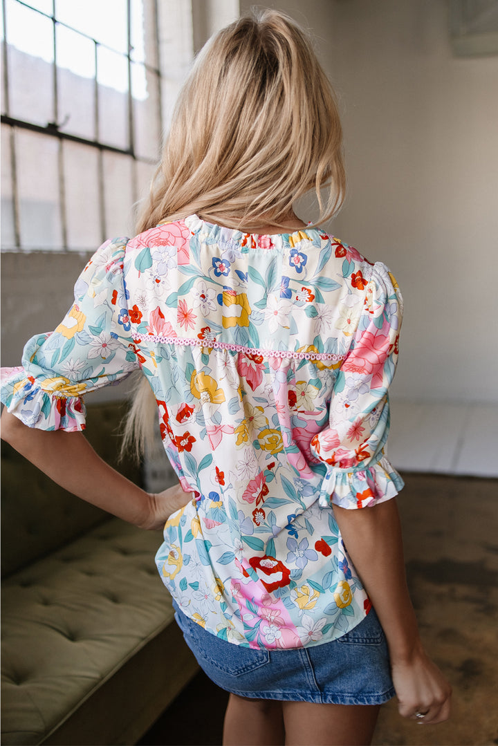 🌸 Confetti Garden Crochet-Trim Blouse