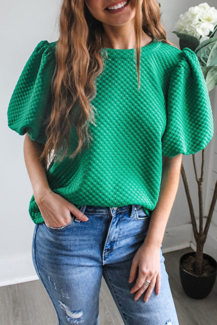 Emerald Pop Textured Puff-Sleeve Top 💚