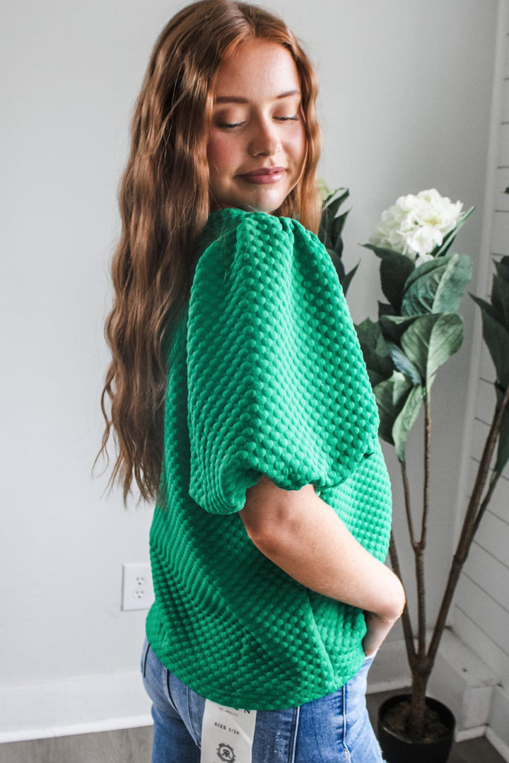 Emerald Pop Textured Puff-Sleeve Top 💚