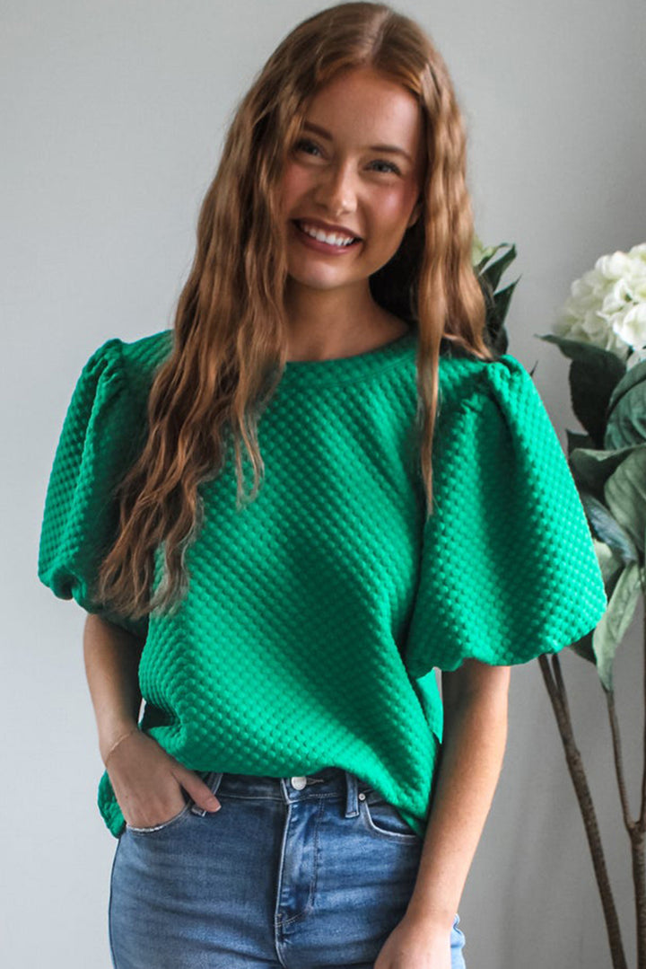Emerald Pop Textured Puff-Sleeve Top 💚