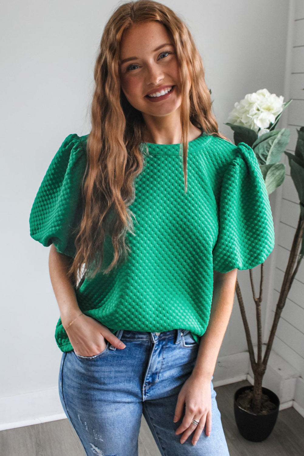Emerald Pop Textured Puff-Sleeve Top 💚