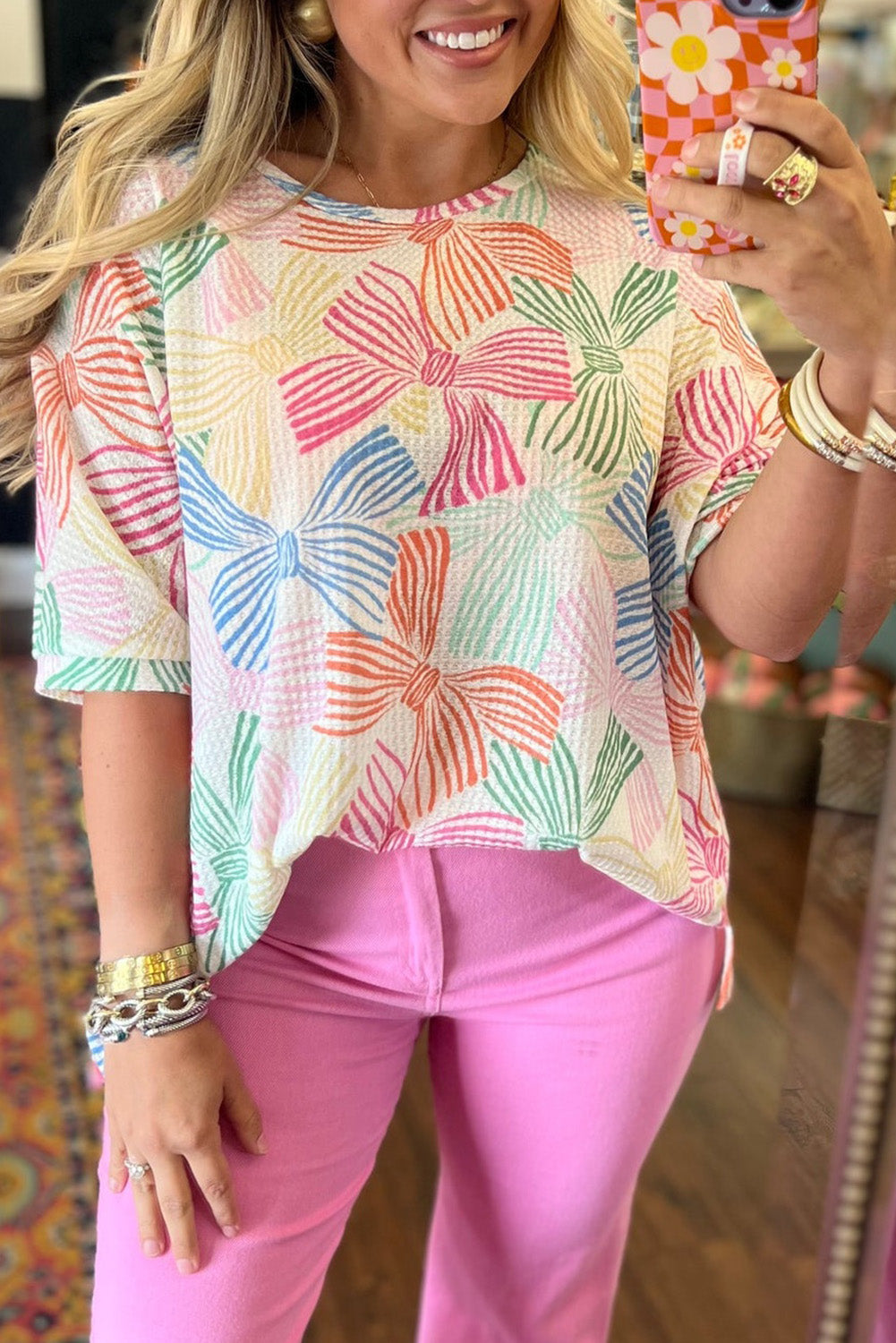 🎀 Confetti Bows Textured Knit Tee — Rainbow Pop