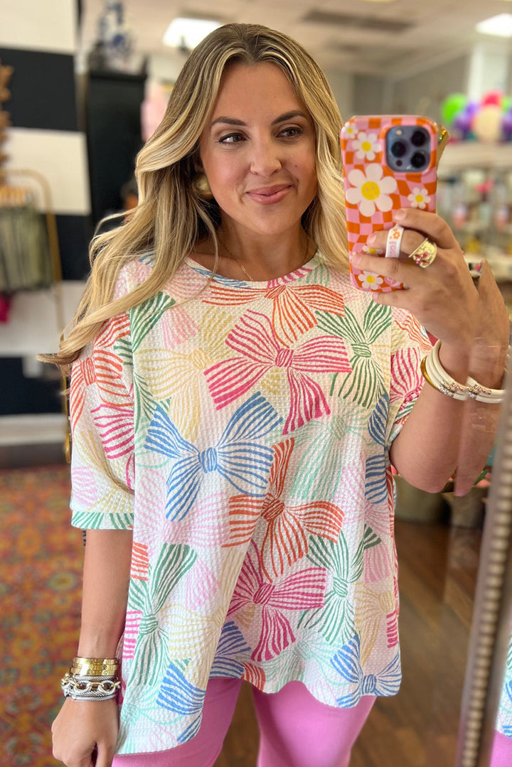 🎀 Confetti Bows Textured Knit Tee — Rainbow Pop