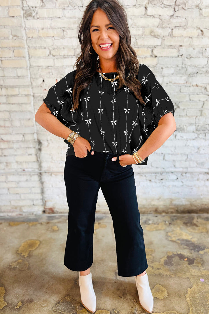 Midnight Ribbon Puff-Sleeve Oversized Top (Black &amp; White)