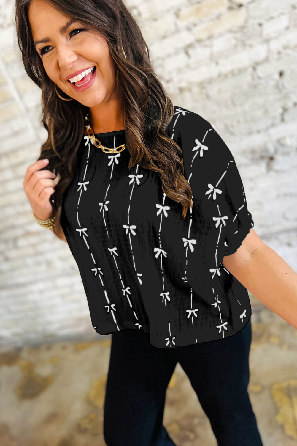 Midnight Ribbon Puff-Sleeve Oversized Top (Black &amp; White)