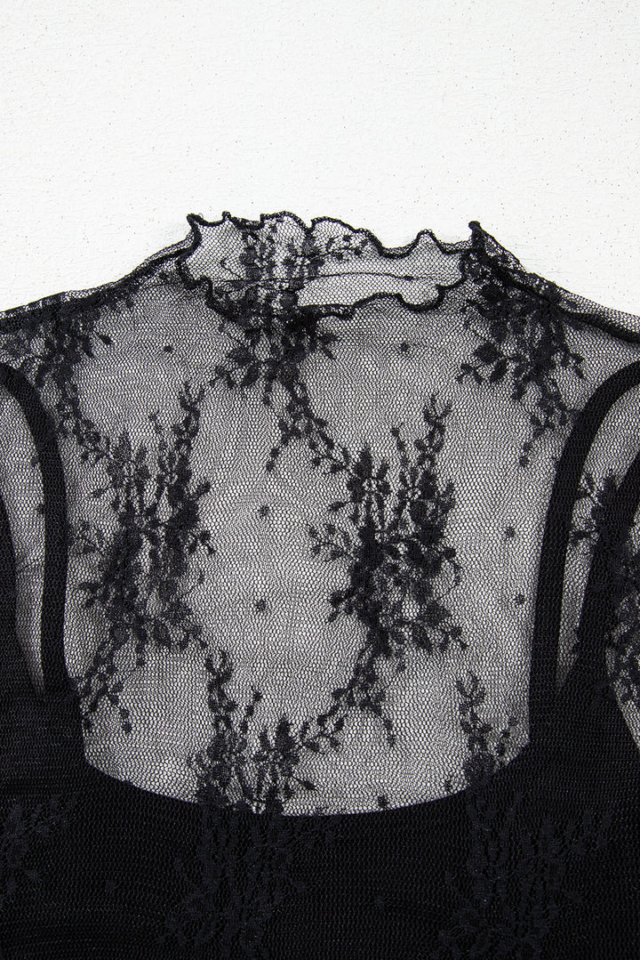 2 Piece Layered Black Floral Lace Sheer Short Sleeve Mock Neck Blouse