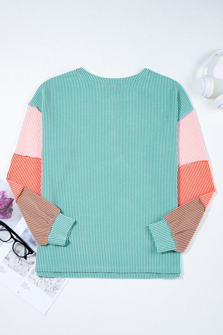 Colorburst Waffle Henley – Teal & Sunset Sleeves