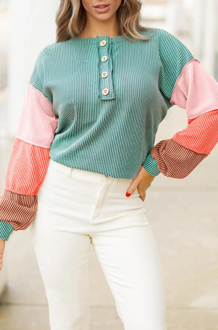 Colorburst Waffle Henley – Teal & Sunset Sleeves