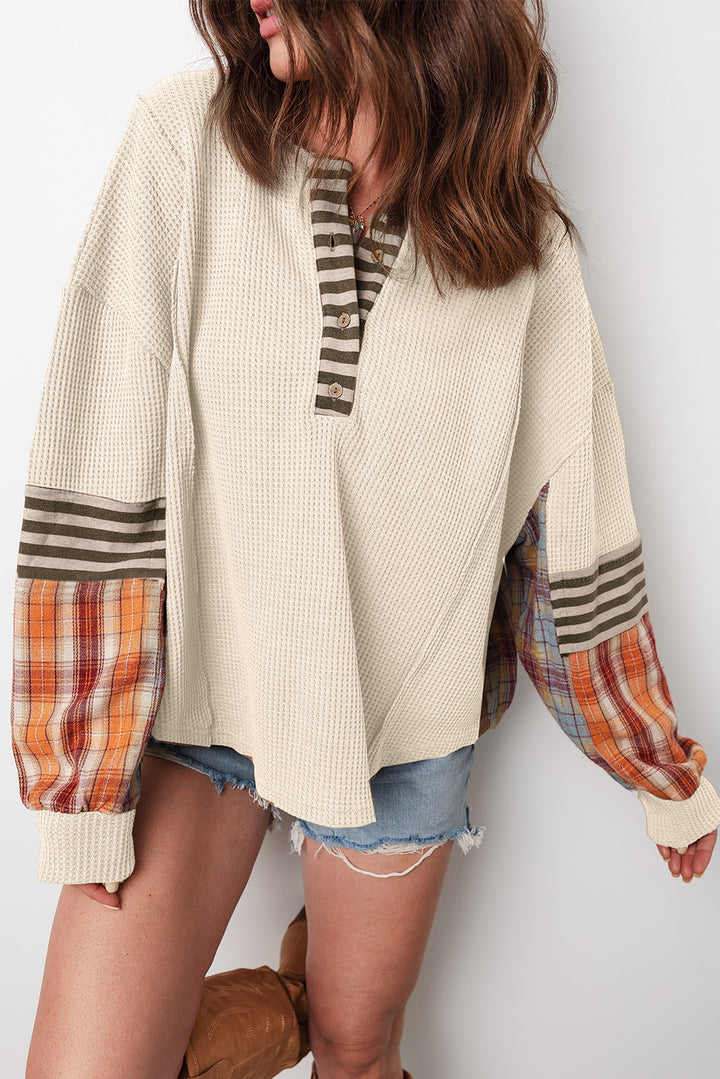 Trail Mix Patchwork Henley – Waffle Knit + Plaid Magic