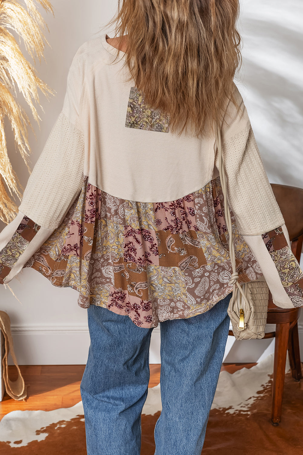 Boho Patchwork Waffle Babydoll Top — Cozy Meets Chic