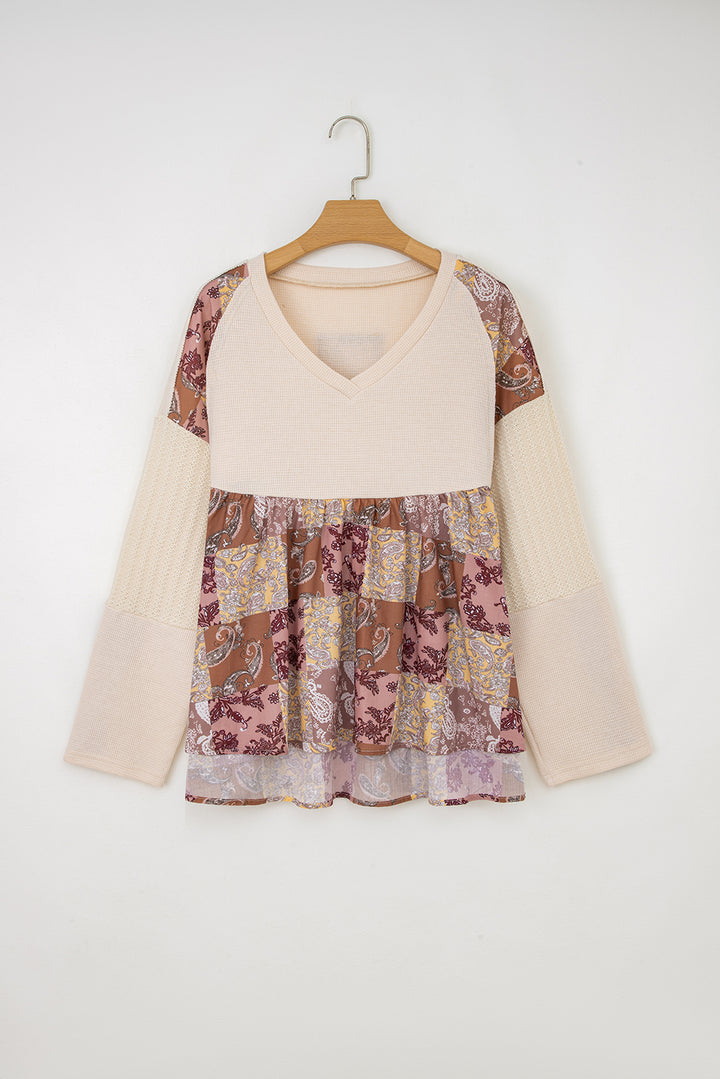 Boho Patchwork Waffle Babydoll Top — Cozy Meets Chic