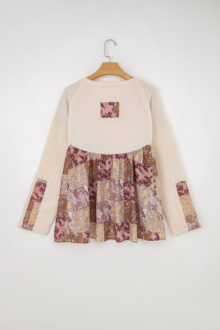 Boho Patchwork Waffle Babydoll Top — Cozy Meets Chic