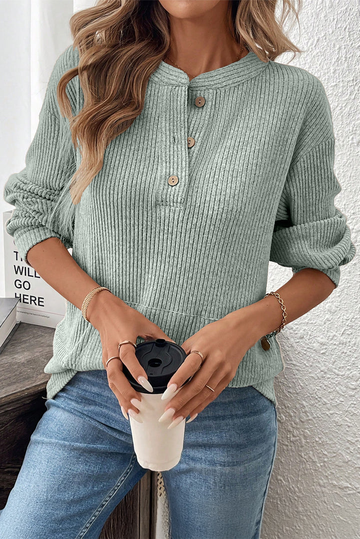 Cozy Sage Rib Henley – “Morning Brew” Pullover