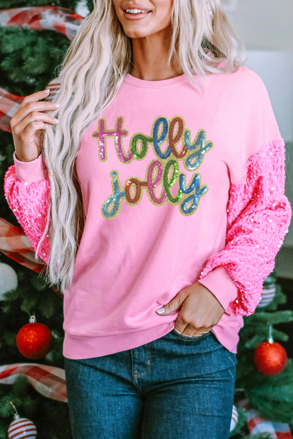 Luke & Estelle “Holly Jolly Sequin Sleeve Sweatshirt”