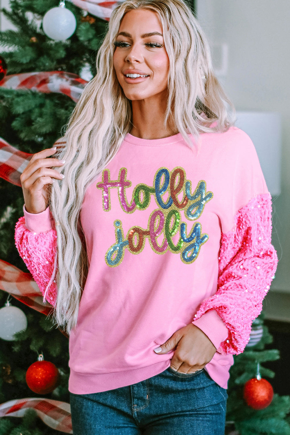 Luke & Estelle “Holly Jolly Sequin Sleeve Sweatshirt”
