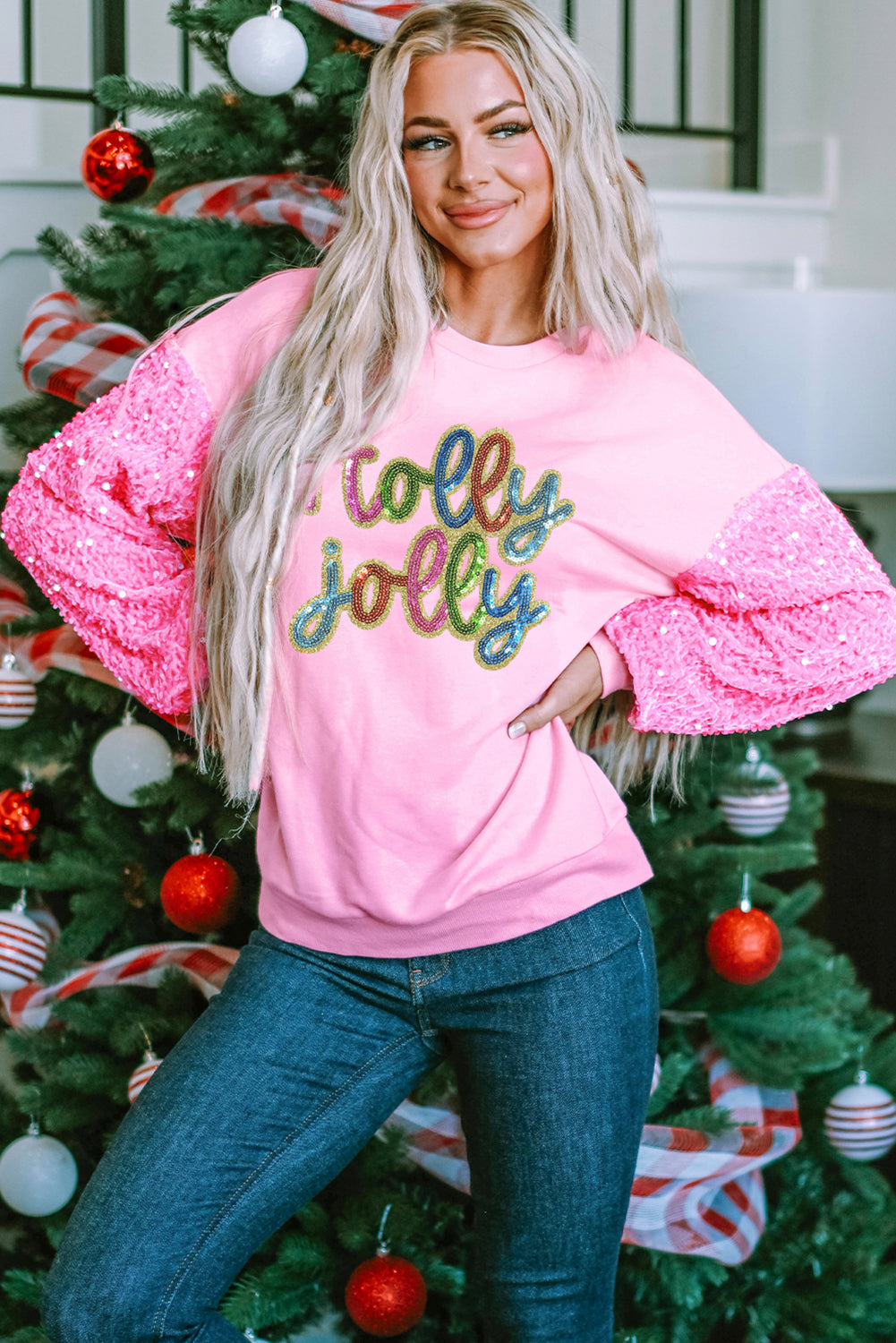 Luke & Estelle “Holly Jolly Sequin Sleeve Sweatshirt”